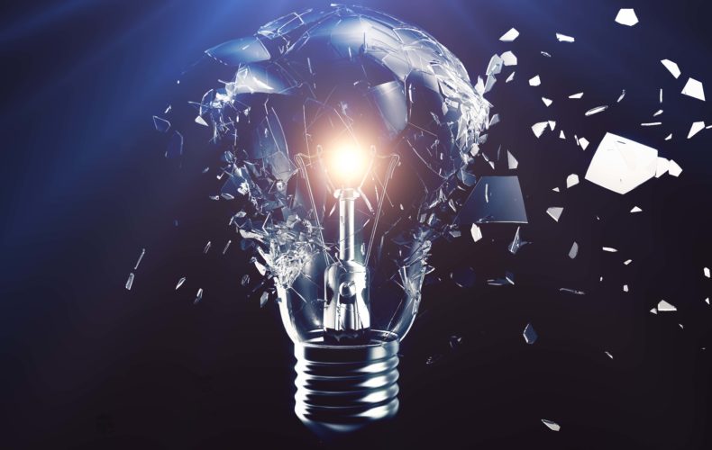 Exploding light bulb on a blue background, with concept creative thinking and innovative solutions, 3D rendering